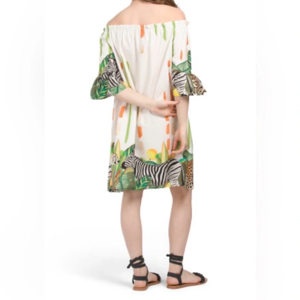 𝐂𝐢𝐯𝐢𝐜𝐨 𝟓𝟏 - Made in Italy, Tropical 🌴 Safari Off The Shoulder Dress, NWT - Picture 2 of 3